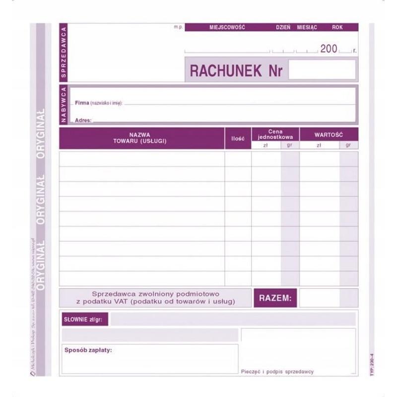 Druk Rachunek 2/3 A5 dla zw.z VAT 230-4