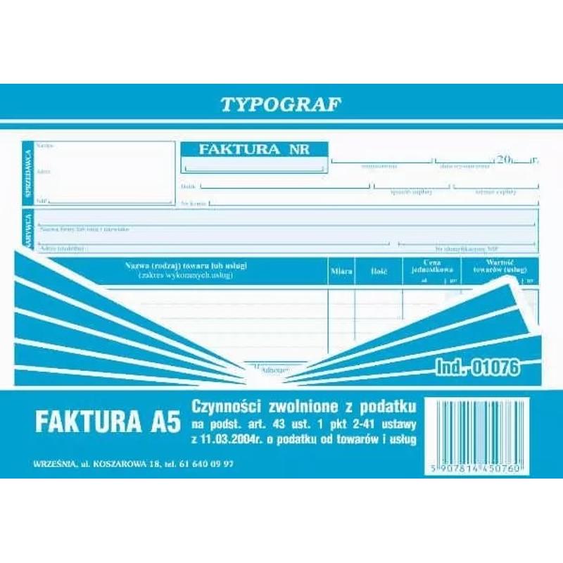 Druk Faktura A5 01076 dla zwolnionych podmiotowo z podatku na podst. art. 43