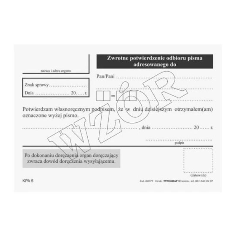 Druk Zwrotne potwierdzenie odbioru pisma A6 02077