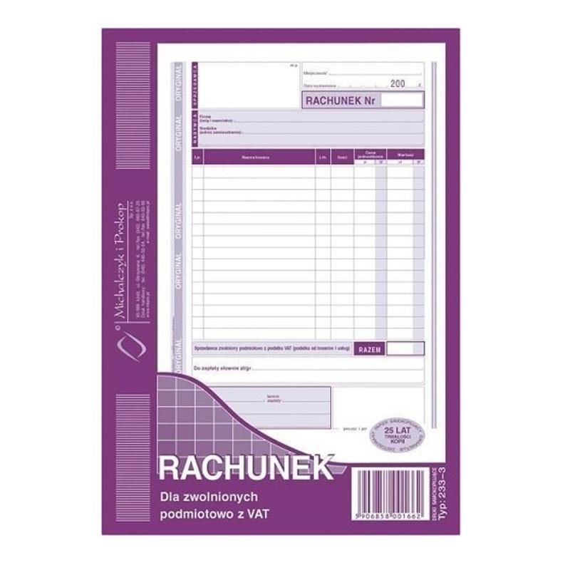 Druk Rachunek A5 dla zw.z VAT (pion) 233-3