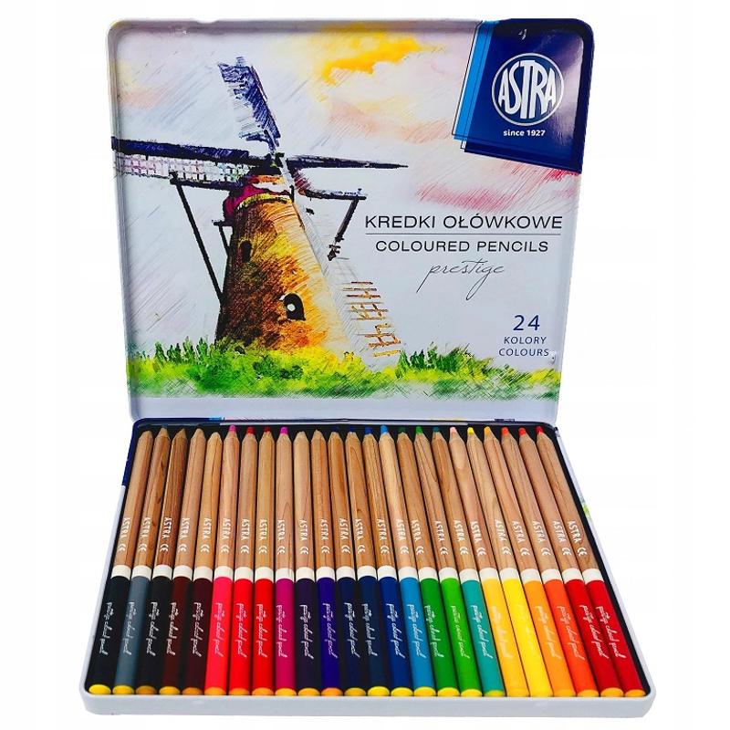 Kredki  ołówkowe 24 kolorów ASTRA PRESTIGE okrągłe z drewna cedrowego w metalowym pudełku